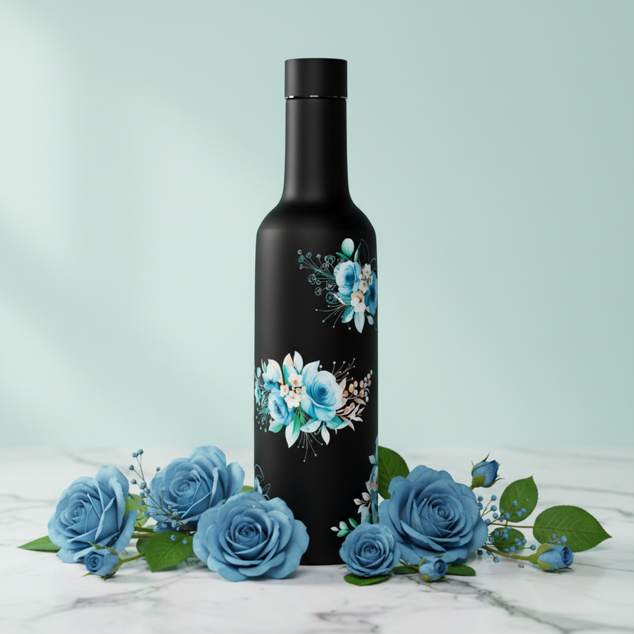 Blue Floret bottle - marble surface close-up