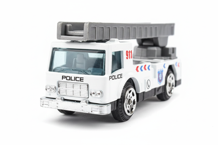 Police 911 ladder truck front view white background