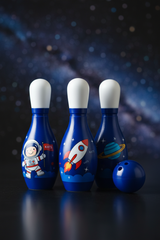 Small Bowling Set - detail close-up of space-themed pins and ball