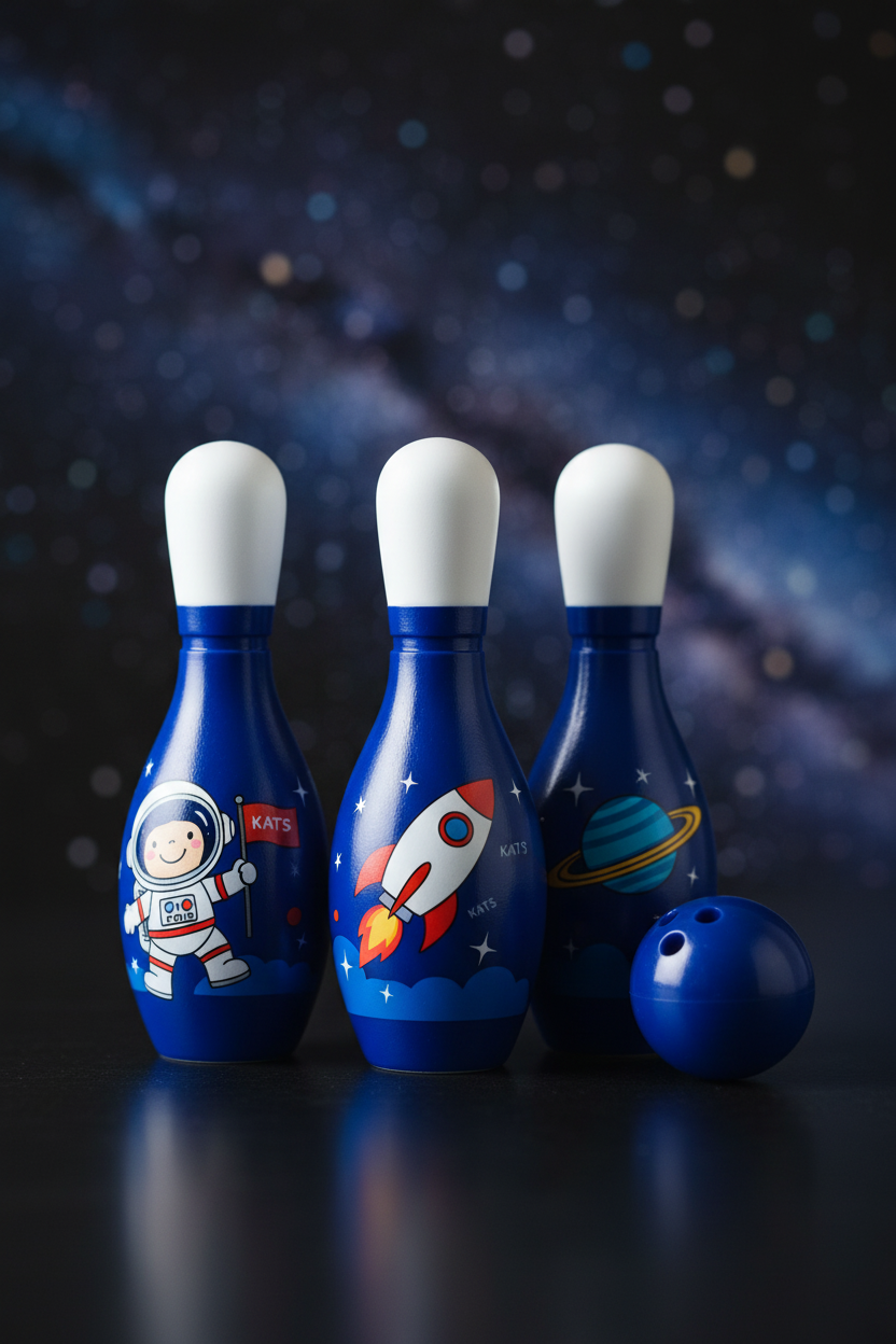 Small Bowling Set - detail close-up of space-themed pins and ball