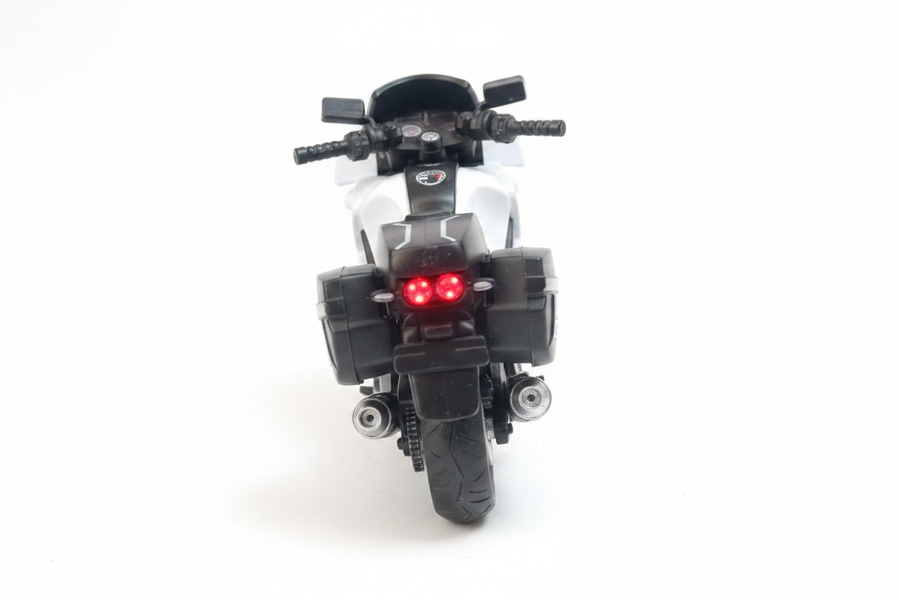 White black RACE sport tourer motorcycle rear view white background