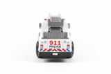 Police 911 ladder truck rear view white background