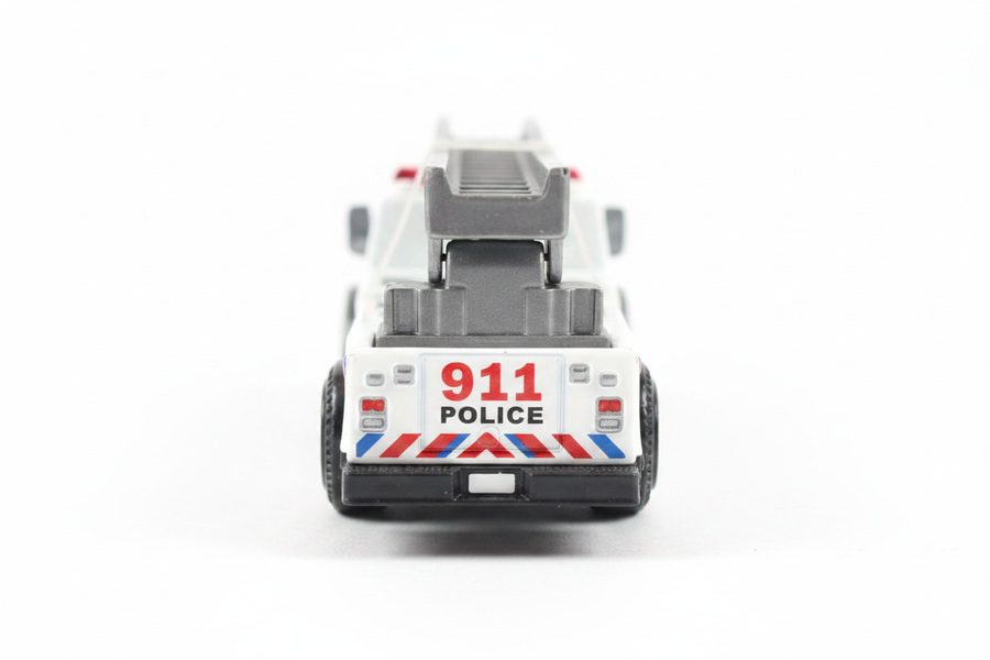 Police 911 ladder truck rear view white background