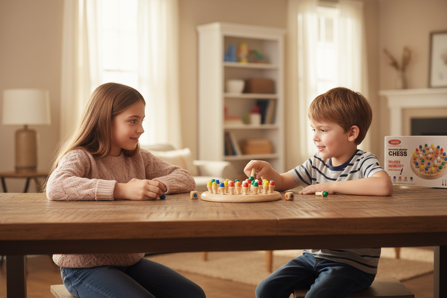 Kids playing Simarr Wooden Memory Chess