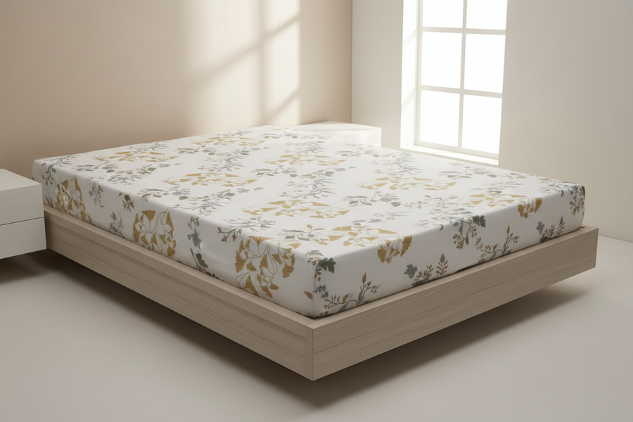 Botanical ginkgo bedsheet on bed lifestyle