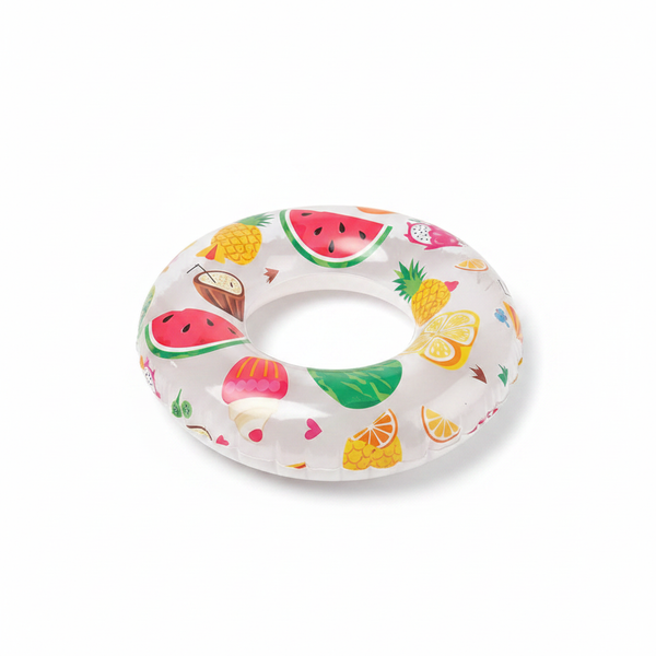 Inflatable fruit print swim ring on white background