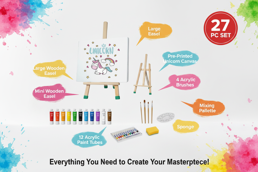 Simarr Artistry Easel Board 27-piece contents infographic