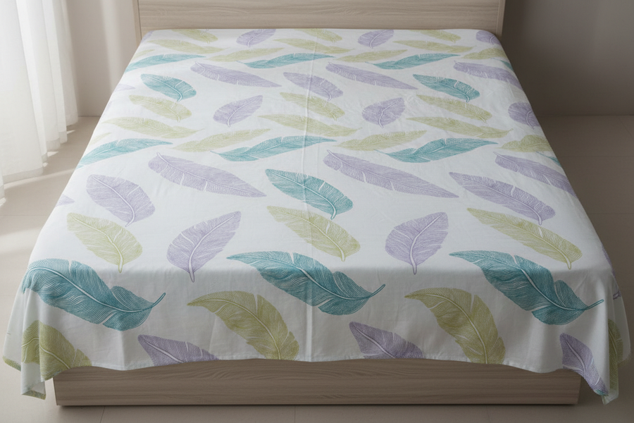 Colourful feather bedsheet on bed lifestyle