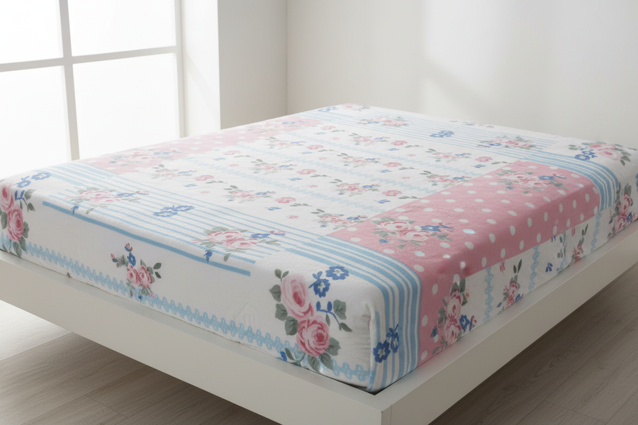 Floral striped bedsheet on bed lifestyle
