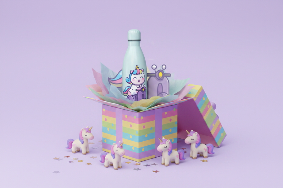 Purple Scooter bottle - gift box scene