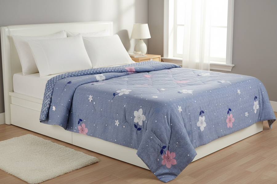 Blue floral comforter bedroom lifestyle