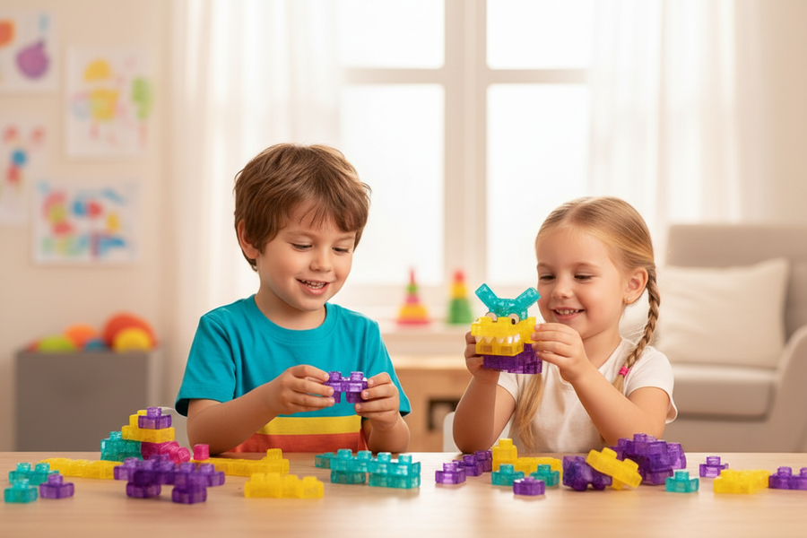 Two kids playing with Magic Gummy Bloc