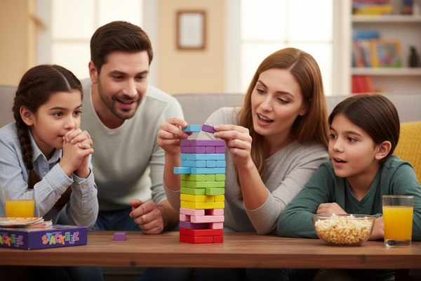 Family playing Simarr Stackeez Coloured tower game