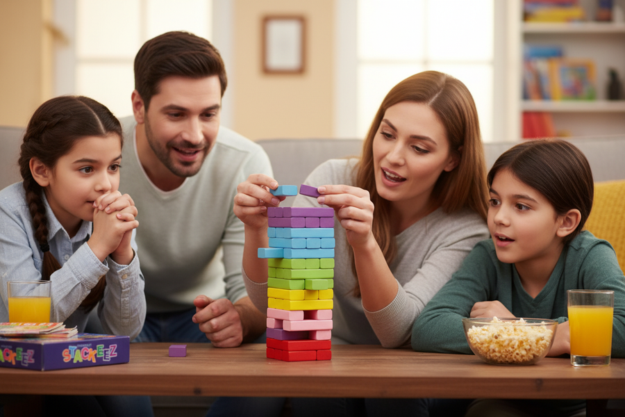 Family playing Simarr Stackeez Coloured tower game