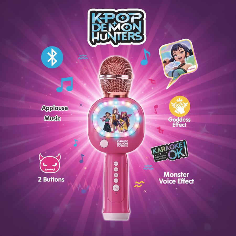 K-Pop Demon Hunters karaoke mic features infographic - Bluetooth LED sound effects