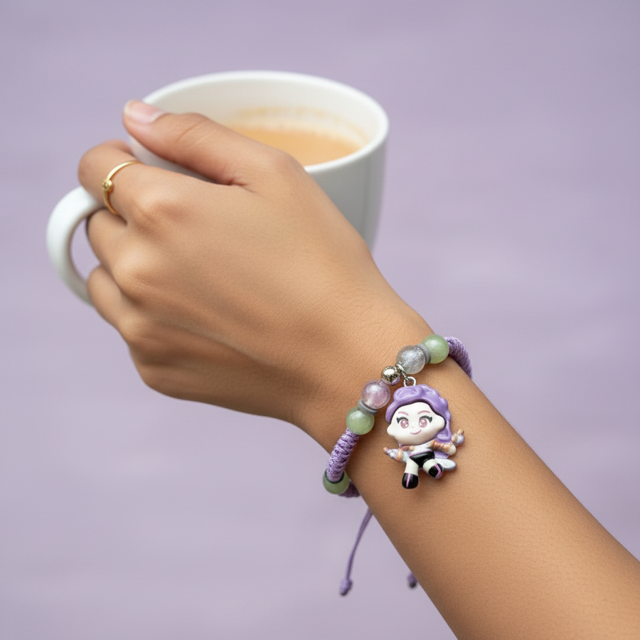 Purple K-Pop Demon Hunters bracelet worn on wrist