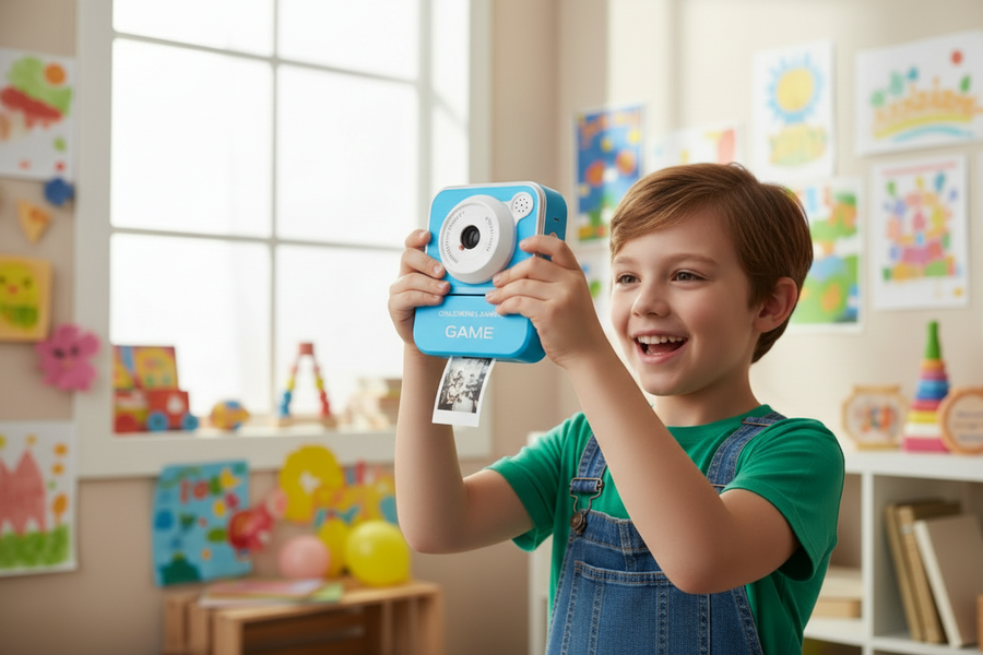 Boy playing with blue DIY Instant Digital Camera