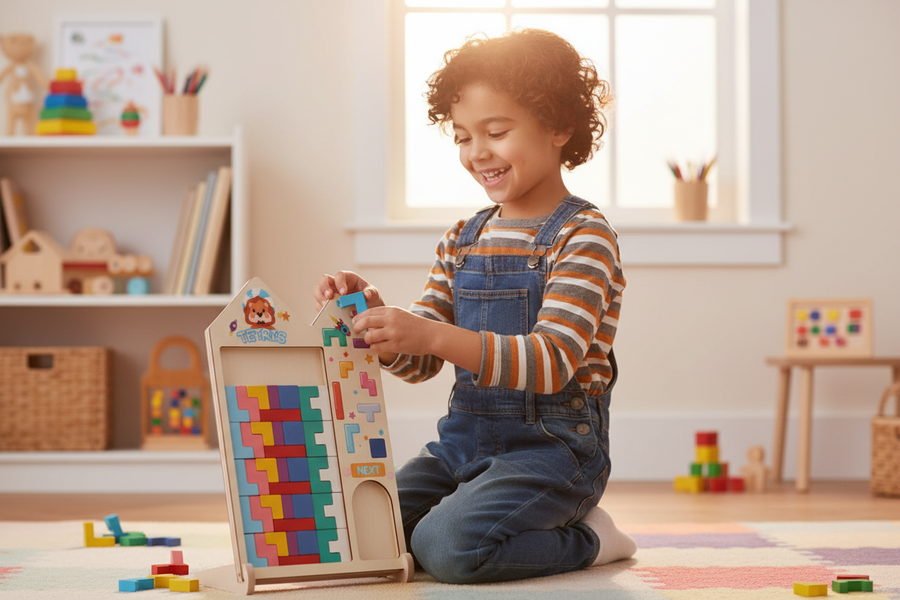 Child playing with Play Zing Wooden Tetris Game