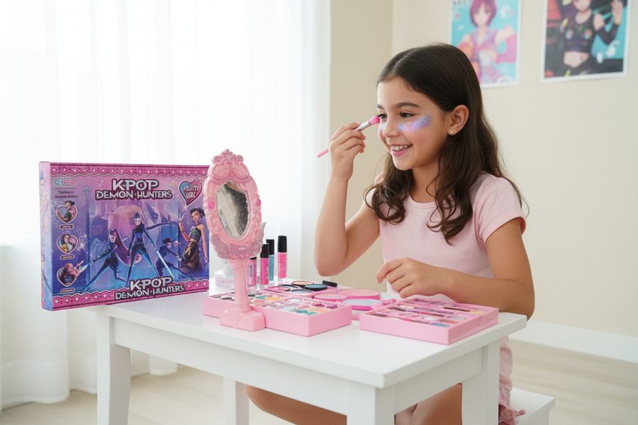 Girl playing with K-Pop Demon Hunters makeup kit lifestyle photo