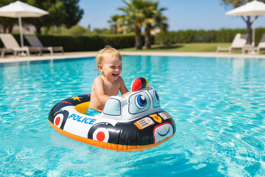 Child enjoying Police Car Pool Float in swimming pool