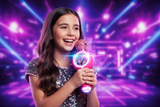 Girl singing with K-Pop Demon Hunters karaoke microphone lifestyle photo