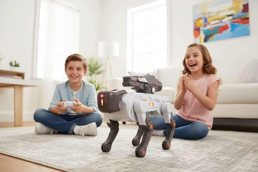 Two kids playing with RC Robot Dog and remote