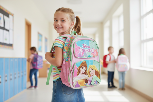 Girl wearing Disney Princess school bag lifestyle photo
