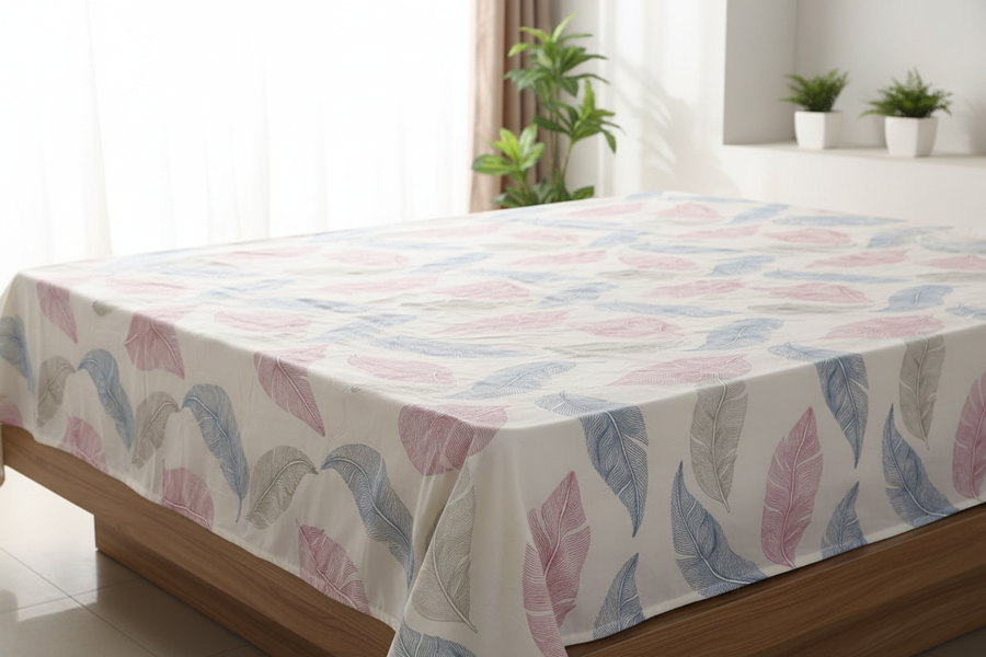 Feather print bedsheet on bed lifestyle