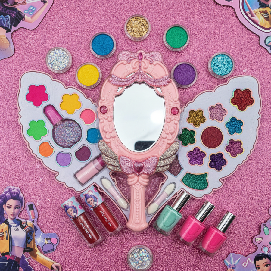 K-Pop Demon Hunters makeup kit contents spread out detail shot